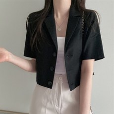 Yellwell여성 크롭 블랙 자켓 반팔 숏 자켓 슬림핏 하객룩 오피스룩 데일리 아우터mxl