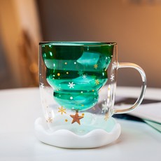 레토 이중 내열 유리컵 손잡이 크리스마스 트리 물컵 유리잔 LGC-T01O, 1개, 그린