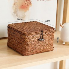 라탄수납함 정리 빈티지 다용도 상자 박스 바구니 소품, 플립 뚜껑, 정사각형 짚 짜임 16x16x10 cm 커피