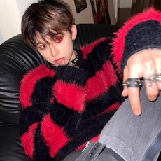 紅黑條紋撞色海馬毛毛衣慵懶風高級感針織衫男冬季仿貂毛情侶外套, 1個, 紅色,2XL