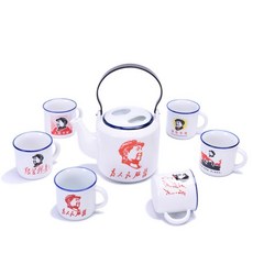 茶杯 小茶杯陶瓷功夫茶具套裝仿搪瓷懷舊復古語錄杯帶把手小杯子白酒杯, 一壺六杯隨機混白色提梁, 1個