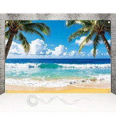 열대 해변 배경 3 x 2.1m(10 7피트) 하와이 여름 바다 배경 리본 포함 러브 아일랜드 루아우 파티 장식 웨딩 생일 사진 부스 소품 226666, 10피트 x 7피트