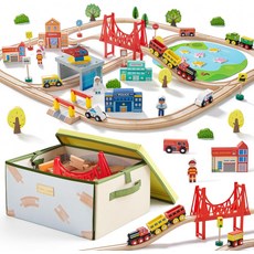 접이식 보관함이 있는 Tiny Land 110pcs 나무 기차 세트 3-7세 소년 소녀용 트랙 장난감 편리한 보관 포함, 110PCS Train Set &