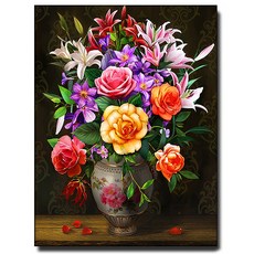 화야루이 액자 보석십자수 캔버스형 DIY 키트 40 x 50 cm, GR010. 화병장미 백합꽃, 1세트