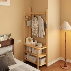 實木衣架衣帽架衣服收納落地臥室家用入戶一體掛衣架客廳置物架衣架 衣帽架 掛衣架 置物架 收納衣架 落地衣架 吊衣架, 厚重全實木-【原木色】多層置物