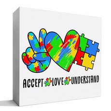 자폐증 인식 장식 나무 표지판 자폐증 인식의 달 책상 장식 홈 오피스 침실 교실 자폐증 인식 선물 사랑을 받아들이세요, 자폐증 인식 장식 나무 표지판, 자폐증 인식의 달 책상