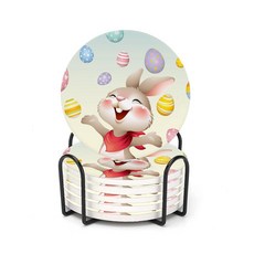 LOKMU 음료용 원형 흡수성 세라믹 스톤 컵받침 6개 금속 홀더 스탠드 포함 부활절 달걀 코스터가 있는 웃는 토끼 컵받침 코르크 베이스 커피 나무 테이블 집들이 선물, 귀여운 토끼