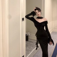 블랙 오프숄더 원피스 여성용 봄가을 스럽고 섹시한 힙 라인을 강조한 롱 드레스