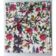 화이트 플로럴 버드 칸타 퀼트 리버서블 침구 침대 스프레드 담요 히피 보헤미안 퀼팅 킹/퀸 홈 데코 2 베개(60X90인치), 60X90인치