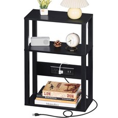 충전소가 있는 YUFAM 3단 소형 좁은 나무 옆 테이블 작은 공간을 위한 스키니 나이트스탠드 소파 수납 공간이 슬림 침대 USB 포트와 콘센트가 얇은 끝 러스틱 브라운, 1 Pack, Black