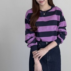 행복여 배색 쭈리 스트라이프 루즈핏 맨투맨 티셔츠