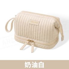 雙層輕奢絨化妝包 手提化妝包 旅行化妝包【ARZ】韓系 荷蘭絨 多夾層 化妝包 旅行包 彩妝包 大容量 質感【H360】, 奶油白, 1個