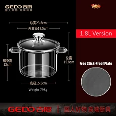 LFGB 인증 내구성이 뛰어난 고붕규산 유리 조림 냄비 매우 두꺼운 투명 -20 ℃ ~150 내열 조리기, 02 1.8L