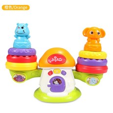 現貨〔嬰幼兒玩具H 聲光音樂平衡套塔，七色翹翹板搖擺彩虹塔，疊疊圈平衡積木套圈圈疊疊樂翹翹板, 橙色 展示盒, 1個