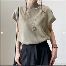 Yellwel 여름신상 여성용 반팔 티셔츠 하프넥 니트 상의 DJP