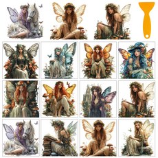 PVC 열전사 스티커 창문 컵 화분 데코 14x14cm 12장세트 12가지 디자인, 요정