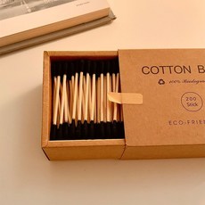 環保竹木棉棒棉簽200支裝，雙頭化妝棉籤，牛皮紙盒一次性衛生清潔卸妝棉花棒, %1盒200支【黑色】雙頭清潔棉籤, 1個