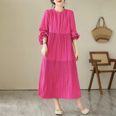 라운드넥 빅사이즈루즈핏 플리츠 퍼프소매 기계주름 캉캉, 로즈레드