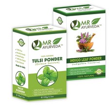 인도정품 MR Ayurveda 100% 유기농 헤나 파우더 화학물질 없음, 인디고  + 툴시, 2개 세트