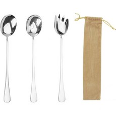 스테인리스 샐러드 서버 3개 세트 두꺼운 손잡이 볼 스포크 광택 서빙 스푼 가족 캠핑 여행 야외용 대형 긴 숟가락, 스테인리스 샐러드 서버 3개 세트 두꺼운 손잡이 볼 스