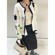 가을 겨울 니트 스웨터 빈티지 핸드 크로셰 레이스 만화 캐릭터 패턴 라운드 넥 오픈 가디건 여성 상의, 01 아이보리, 01 36(남)