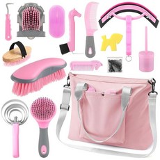 Abbylike 15피스 말 그루밍 키트 오거나이저 토트백 압정 룸 용품 말 브러시 세트 케어 말 청소 키트 쉐딩 그루밍 마사지 도구 (베이지), 핑크와 그레이