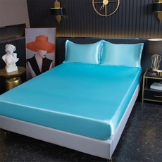 아이스 실크 여름 침대 시트 폴리에스터 새틴 장착 탄성 밴드 단색 커버, 2 pillowcase48x74cm, 파란