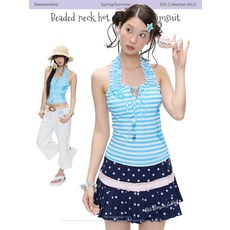 BETWEENAND 수영복 "씨솔트 블루" 여름 해변 용 레이스업 블루 스트라이프 홀터넥 라인스톤 장식