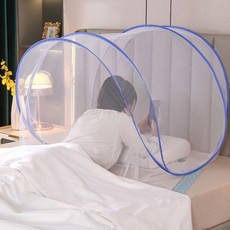 1인용 용모 모기장 가벼운 접이식 원터치 침대 모기장 캠핑 여름, 블루, 블루