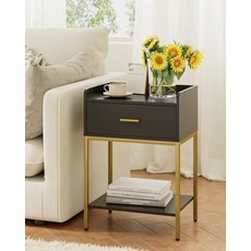 Masupu 나이트스탠드 침대 옆 테이블 3단 모던 나이트 스탠드 보관 서랍 및 선반 침실 거실용 작은 엔드 사이드 테이블 블랙 (콘센트 없음 그린), 블랙 앤 골드