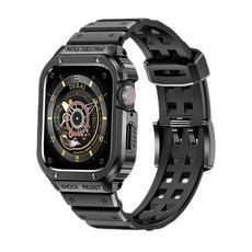 DERAI 金屬保護殼錶帶 適用 Apple Watch Ultra 改裝風格, 1個, 【黑色】不銹鋼表殼+【黑色】膠帶,iWatch 9/8/7【45mm】