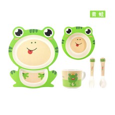 YIChu 寶寶竹纖維長頸鹿卡通分格餐盤套裝，兒童餐具可愛輔食碗，安全無毒環保材質, 青蛙5件套, 1個