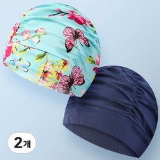 수영모모자 주름 스판 수모 아쿠아로빅수영모, 민트가든+네이비, 2개