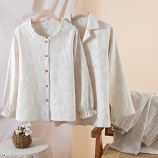 亞麻棉布長袖睡衣套裝，男女適用，春夏季家居服