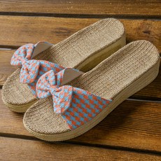 여성 굽 4cm체크리본 왕골슬리퍼 라탄 린넨 대나무 여름 실내 거실용 실내화 JUN팩토리, 핑크(L), 1개