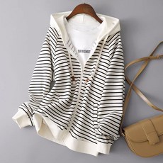 ORZQU봄 여성 캐주얼 스트라이프 후드 아우터 코디 통근 긴팔 상의