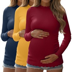 Huukeay 여성용 임산부 셔츠 골지 니트 면 임산부 상의 긴소매 모크넥 기본 튜닉 가을 의류 3팩 루비 레드 옐로우 네이비 블루 L