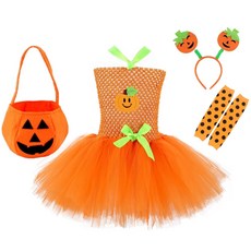 萬聖節兒童南瓜蓬蓬裙套裝:含南瓜提袋 頭飾 腿套 可愛造型派對裝扮首選