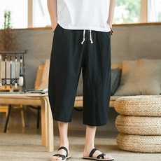 인어미남 남성 여름 린넨 칠부바지 빈티지 루즈핏 얇은 와이드 빅사이즈 면 마 캐주얼 반바지