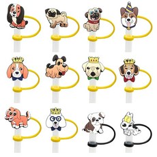 12피스 강아지 실리콘 빨대 커버 귀여운 강아지 재사용 가능한 10mm 빨대 토퍼 애완동물 빨대 팁 뚜껑 프로텍터 11.2g/1.2L(30/40온스) 텀블러 컵 액세서리용