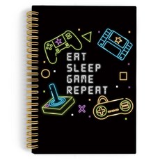 YLZlhb 게이머 선물 스파이럴 노트북 저널 Eat 게임 메모를 위해 블랙 네온 노트북 반복 여성 남성을 위한 게임 게이머 선물 하드커버 스파이럴 저널 5 5x8 3 인치