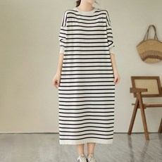 ORZQU 봄 여성 봄 라운드넥 스트라이프 긴팔 캐주얼 롱 원피스