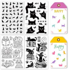 4개 DIY 스크랩북 사진 앨범 장식 카드 제작용 PVC 플라스틱 스탬프 4종 세트 (고양이 모양 160x110x3mm), 혼합색