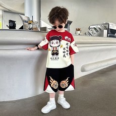 賣場新品#男童哪吒短袖套裝兒童時尚男童兩件套國潮男童哪吒短袖套裝兒童洋氣男童兩件套衣服國服