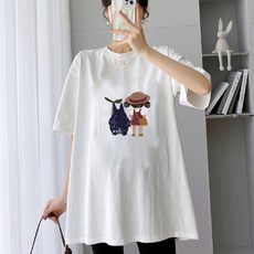 AIRASI 여성 임산복 빅사이즈 루즈핏 라운드넥 순면 반팔 프린트 티셔츠