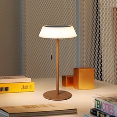 ILOVINIT 야외 테이블 램프 책상 야간 조명 블랙 휴대용 태양광 LED 3단계 디밍 가능 방수 USB 충전식 무선 가정용 데크 파티오 정원용, Wood Grain