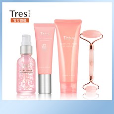 【Tres 特莉絲】粉嫩美肌三部曲 卸妝蜜200ml 防曬乳50ml 妝前精華30ml 加贈粉晶玉石滾輪, 1組