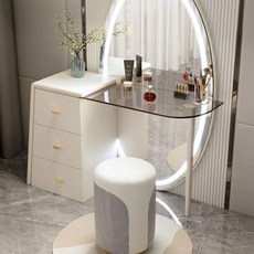 舒心美鏡 網紅落地鏡梳妝臺 - 輕奢臥室全身鏡, 米白色【妝凳+落地鏡】整套,1.2米