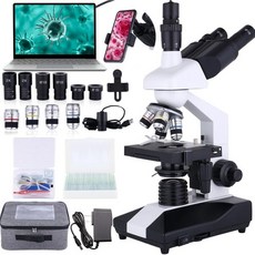 허윅 컴파운드 삼안 현미경 40X-5000X 배율 연구 등급 전문 2단계 기계식 스테이지 LED 조명 현미경이 장착된 USB 비디오 카메라, Black and white
