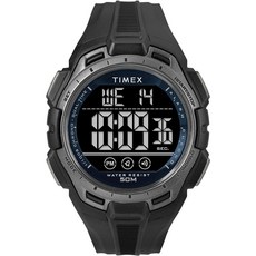 Timex 유니 디지털 43mm 시계 블랙/블랙/화이트 디지털 모던., 블랙/블랙/디지털/블루